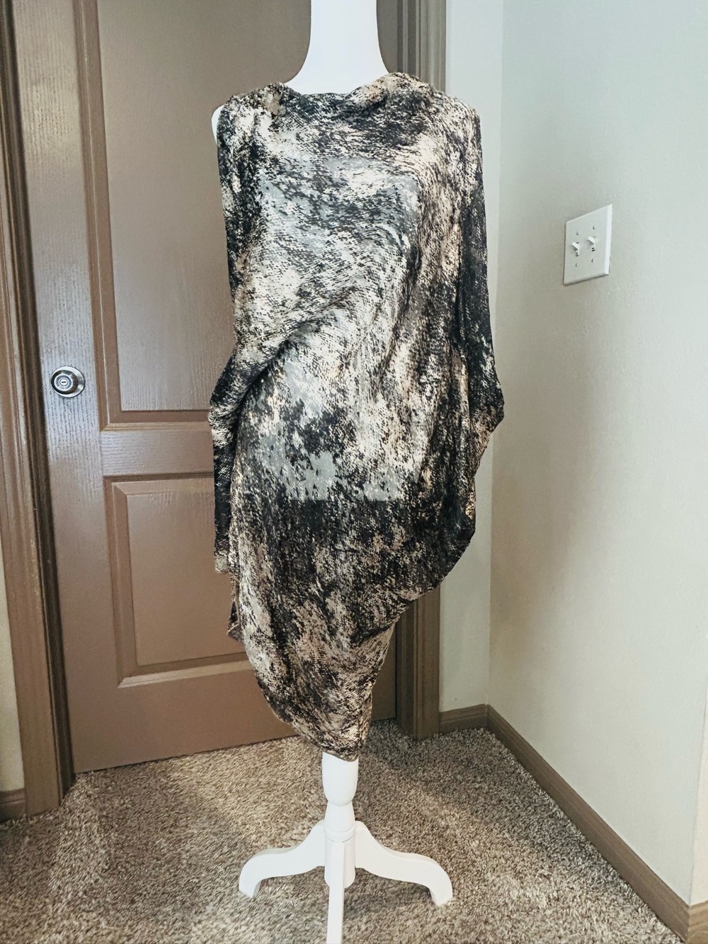 Gold Hawk Asymmetrical Draped Silk Blend Animal Print Mini Dress L